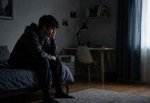 Depressed in the Room Person sitting alone on the edge of a bed in a dimly lit bedroom, reflecting the emotional burden often associated with depression.