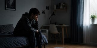 Depressed in the Room Person sitting alone on the edge of a bed in a dimly lit bedroom, reflecting the emotional burden often associated with depression.