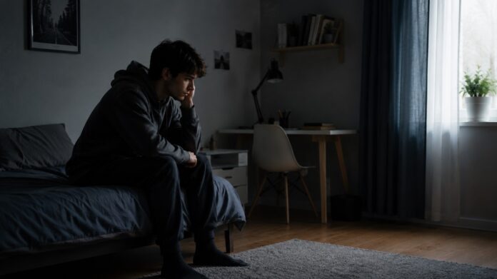 depression and messy room connection Person sitting alone on the edge of a bed in a dimly lit bedroom, reflecting the emotional burden often associated with depression.