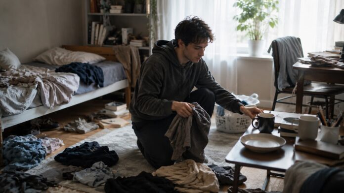 Young man sitting alone on the edge of a bed in a dimly lit bedroom, reflecting feelings of sadness, low energy, and emotional exhaustion.
