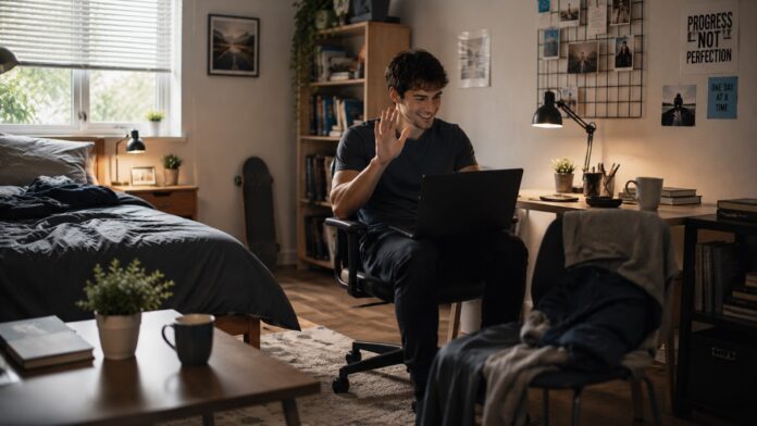 Young man relaxing in a comfortable bedroom that is mostly organized, reflecting progress in managing depression and daily routines.