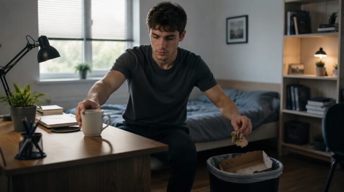 Person cleaning a single coffee cup and tidying a small section of a room as part of overcoming overwhelm and depression.