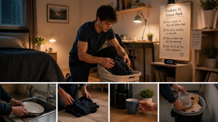 Person tidying a room by putting away dishes and organizing small items as part of a simple daily routine.